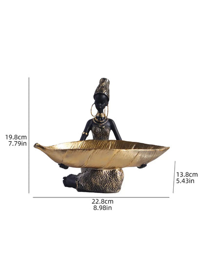 African Girl Resin Sculpture Plate Tray Vintage Black Gold Storage Home Decor AEX