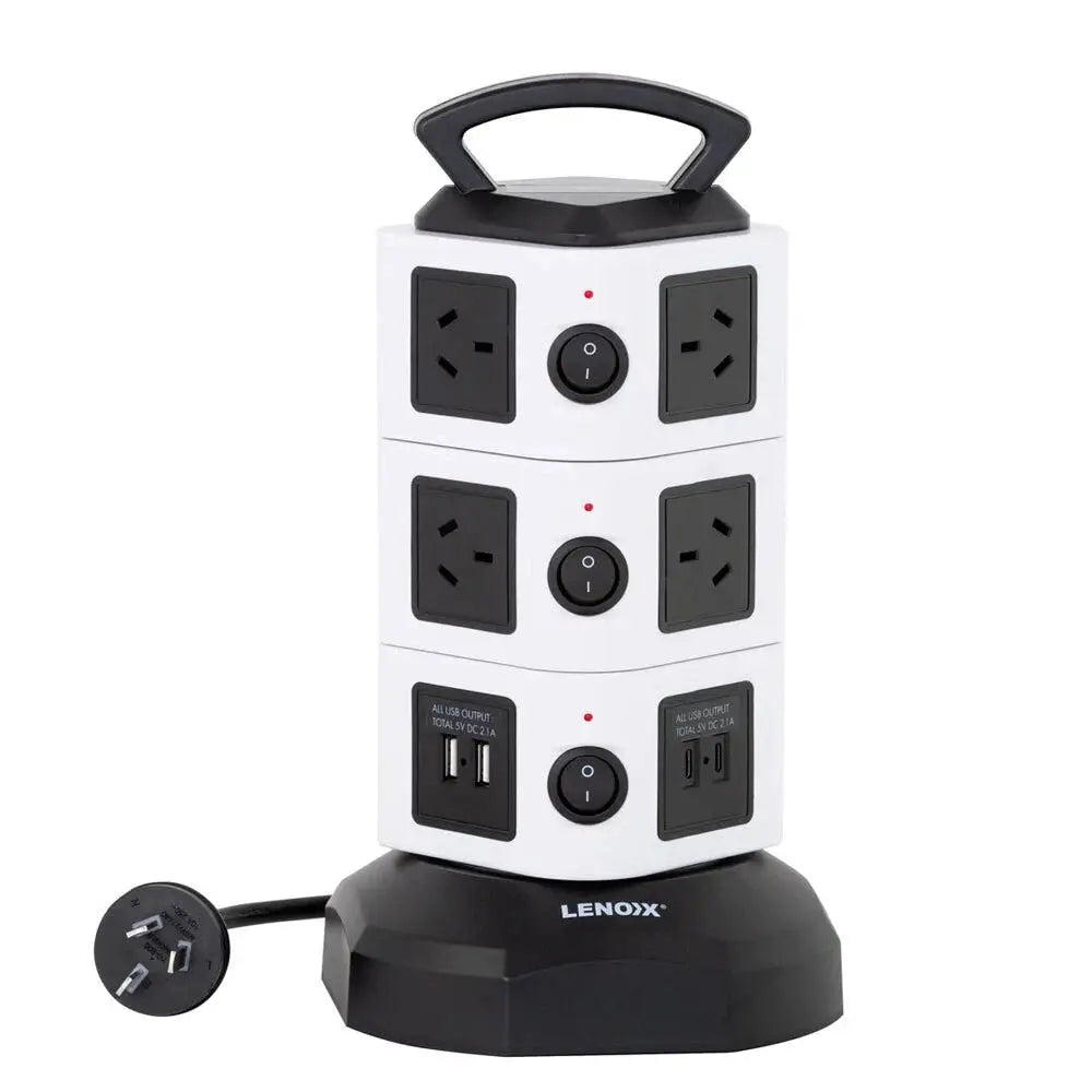 Lenoxx 10‑Outlet Power Tower Board w/ 4 USB Fast‑Charging Ports – PT1010 Surge‑Safe KGS