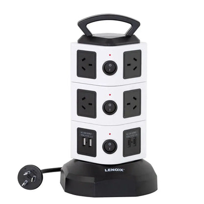 Lenoxx 10‑Outlet Power Tower Board w/ 4 USB Fast‑Charging Ports – PT1010 Surge‑Safe KGS