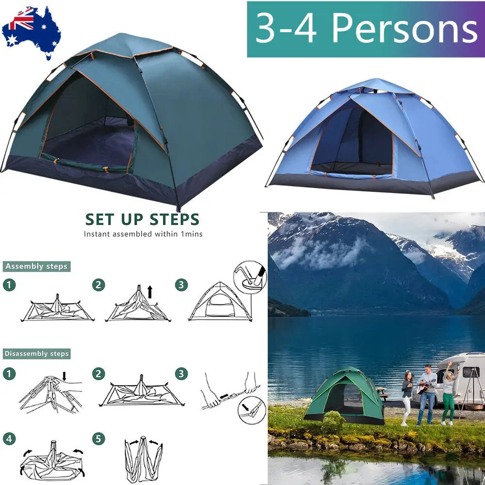 Instant Pop-Up Camping Tent 3-4 Person – Waterproof Oxford Family Dome Tent for Hiking & Festivals | Av8store.com.au OZAB