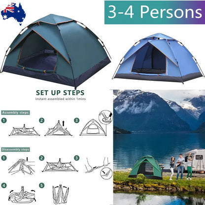 Instant Pop-Up Camping Tent 3-4 Person – Waterproof Oxford Family Dome Tent for Hiking & Festivals | Av8store.com.au OZAB