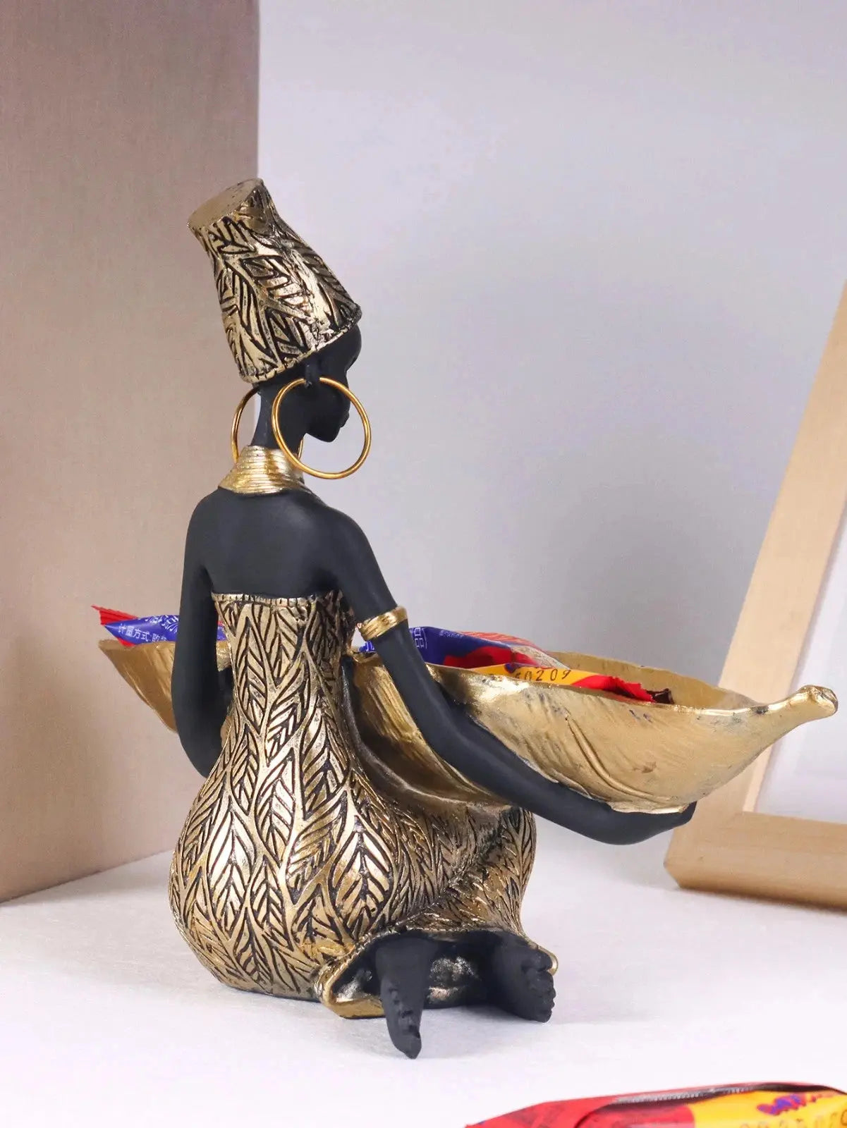 African Girl Resin Sculpture Plate Tray Vintage Black Gold Storage Home Decor AEX