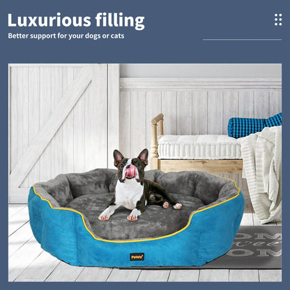 Dog lying on a blue and gray pet bed with a cozy room background