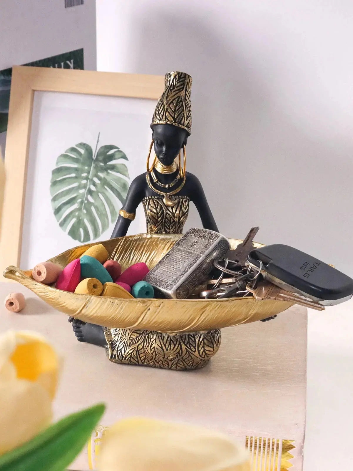 African Girl Resin Sculpture Plate Tray Vintage Black Gold Storage Home Decor AEX