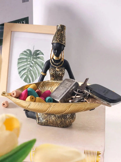 African Girl Resin Sculpture Plate Tray Vintage Black Gold Storage Home Decor AEX