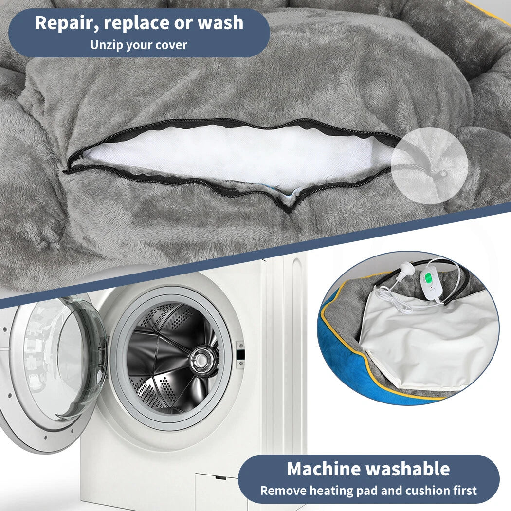 Gray pet bed with a heating pad inside, shown being machine washed.