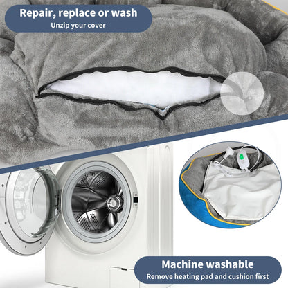 Gray pet bed with a heating pad inside, shown being machine washed.
