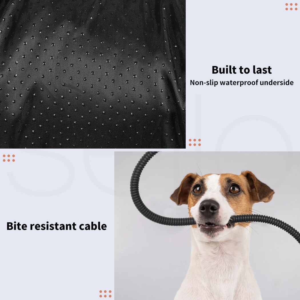 Dog with a bite-resistant cable and close-up of black fabric with text about durability.