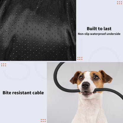 Dog with a bite-resistant cable and close-up of black fabric with text about durability.