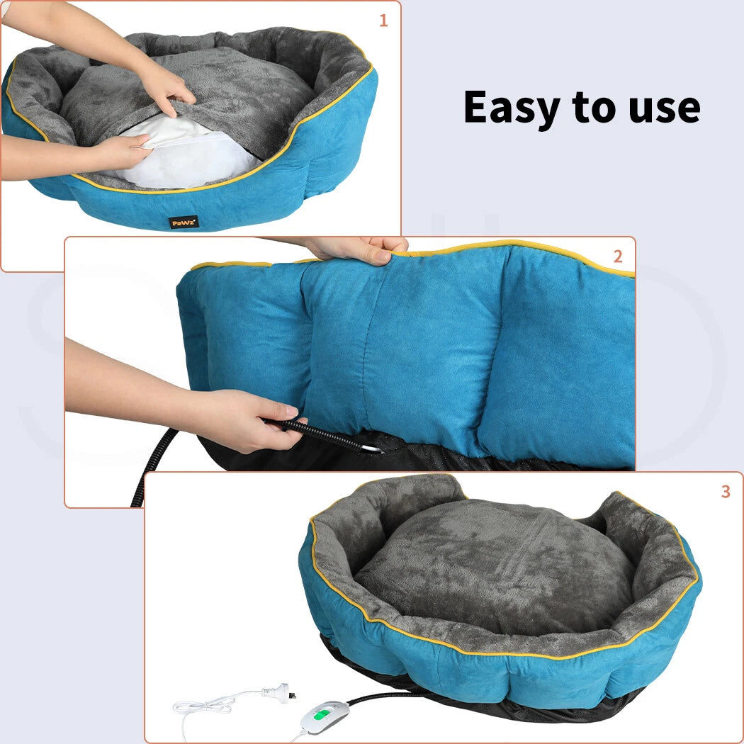 Instructions on how to use a heating pad with text 'Easy to use'.