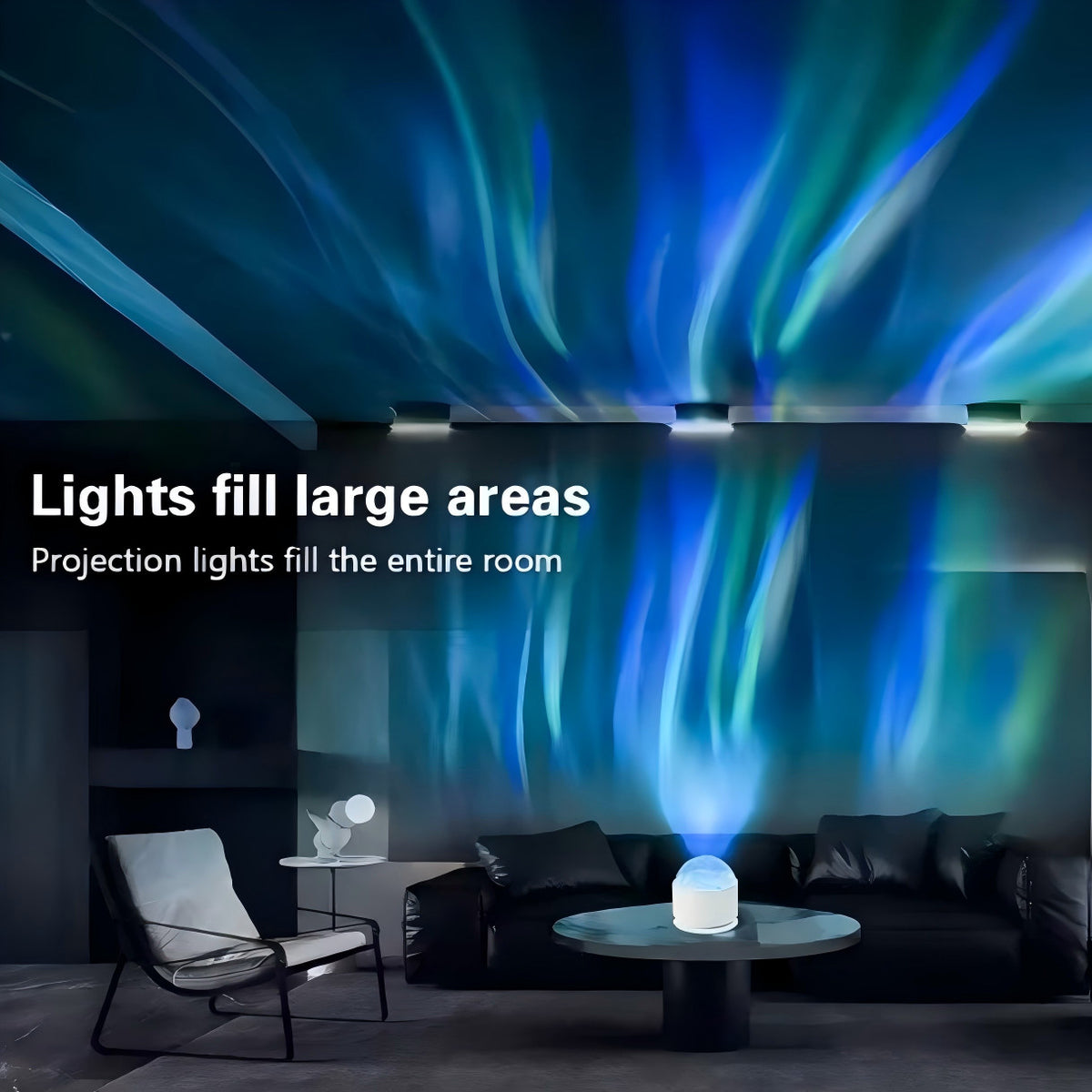 Galaxy projector casting stars on a bedroom ceiling