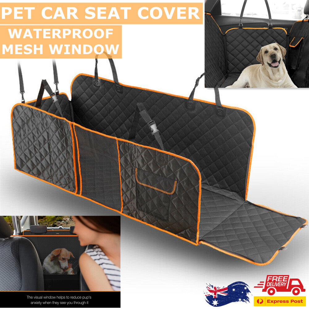 Pet car back seat cover hammock for dogs in black with orange trim