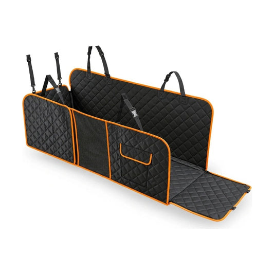 Pet car back seat cover hammock for dogs in black with orange trim