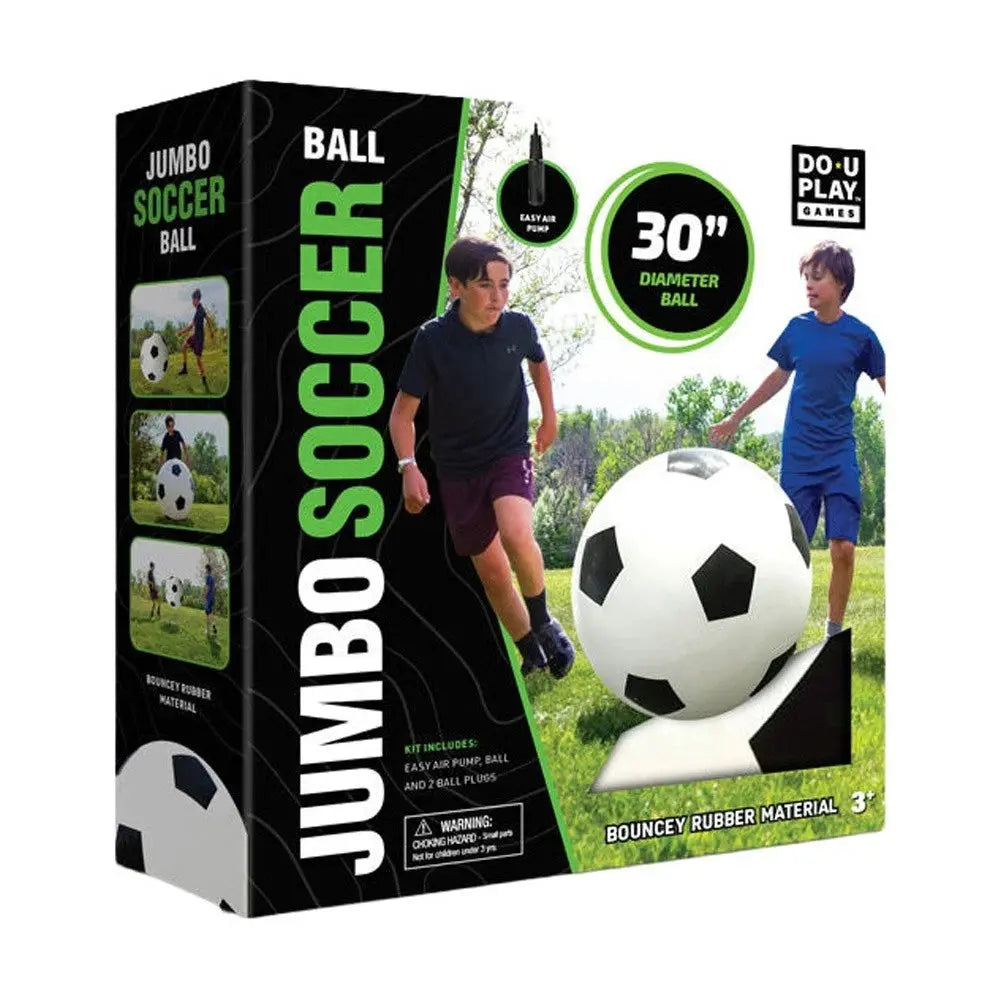 Box of a jumbo soccer ball with images of children playing and the ball itself.