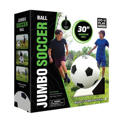 Box of a jumbo soccer ball with images of children playing and the ball itself.