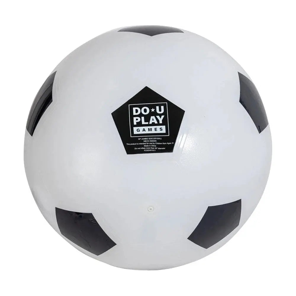 White soccer ball with black pentagon pattern and 'DO U PLAY' logo on a white background