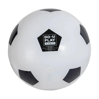 White soccer ball with black pentagon pattern and 'DO U PLAY' logo on a white background