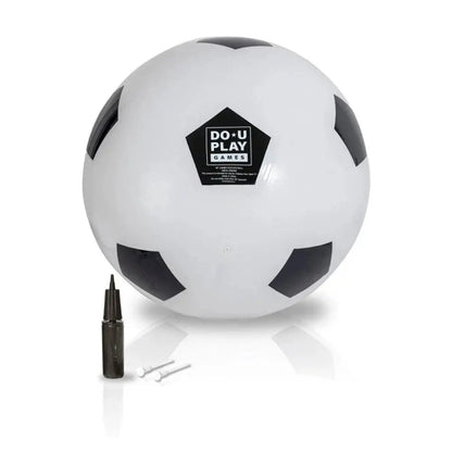 White soccer ball with black panels and a pump on a white background, featuring 'DO-U PLAY GAMES' branding.