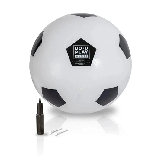 White soccer ball with black panels and a pump on a white background, featuring 'DO-U PLAY GAMES' branding.