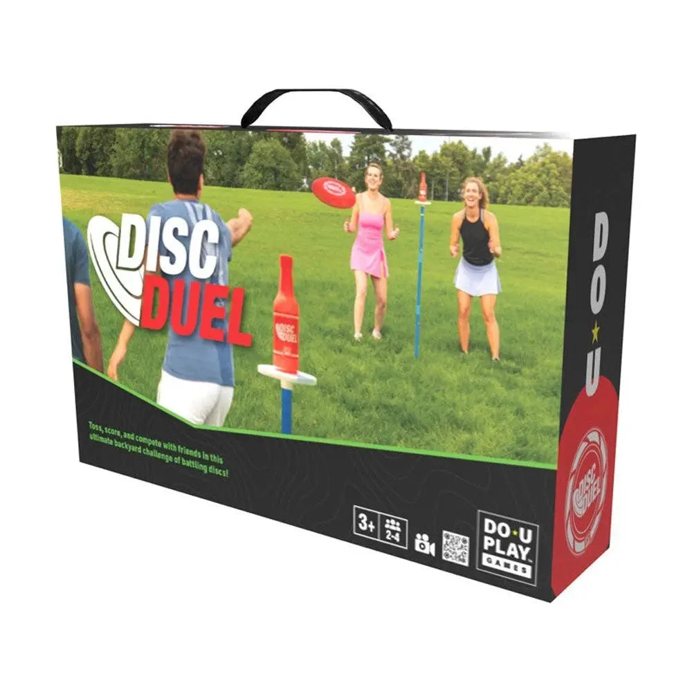 Box for Disc Duel game with people playing in the background