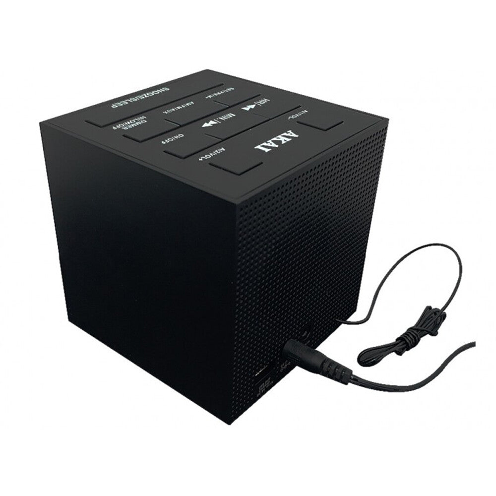Akai Cube Alarm Clock Radio with USB charging port - side view