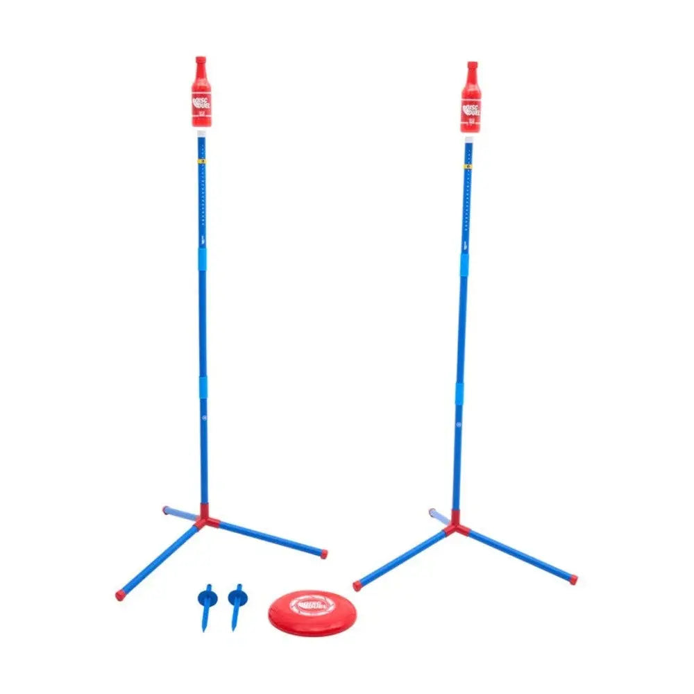 Teepee-style game set with red and blue poles on a white background