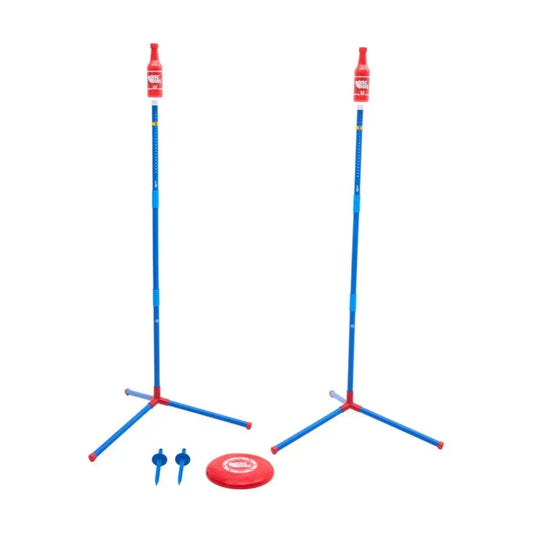 Teepee-style game set with red and blue poles on a white background