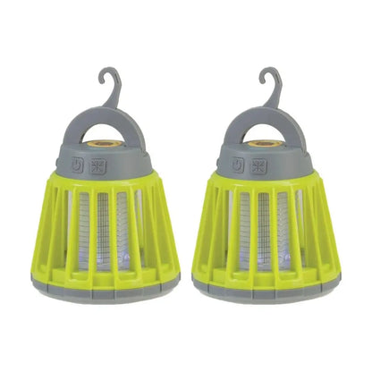 Two green and gray hanging lamps on a white background. mosquito Zapper