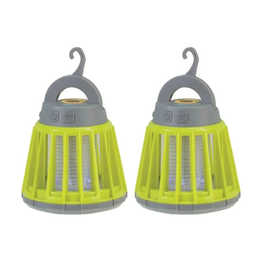 Two green and gray hanging lamps on a white background. mosquito Zapper