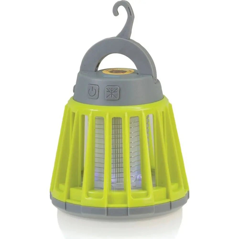 Yellow and gray camping lantern with a hook on a white background