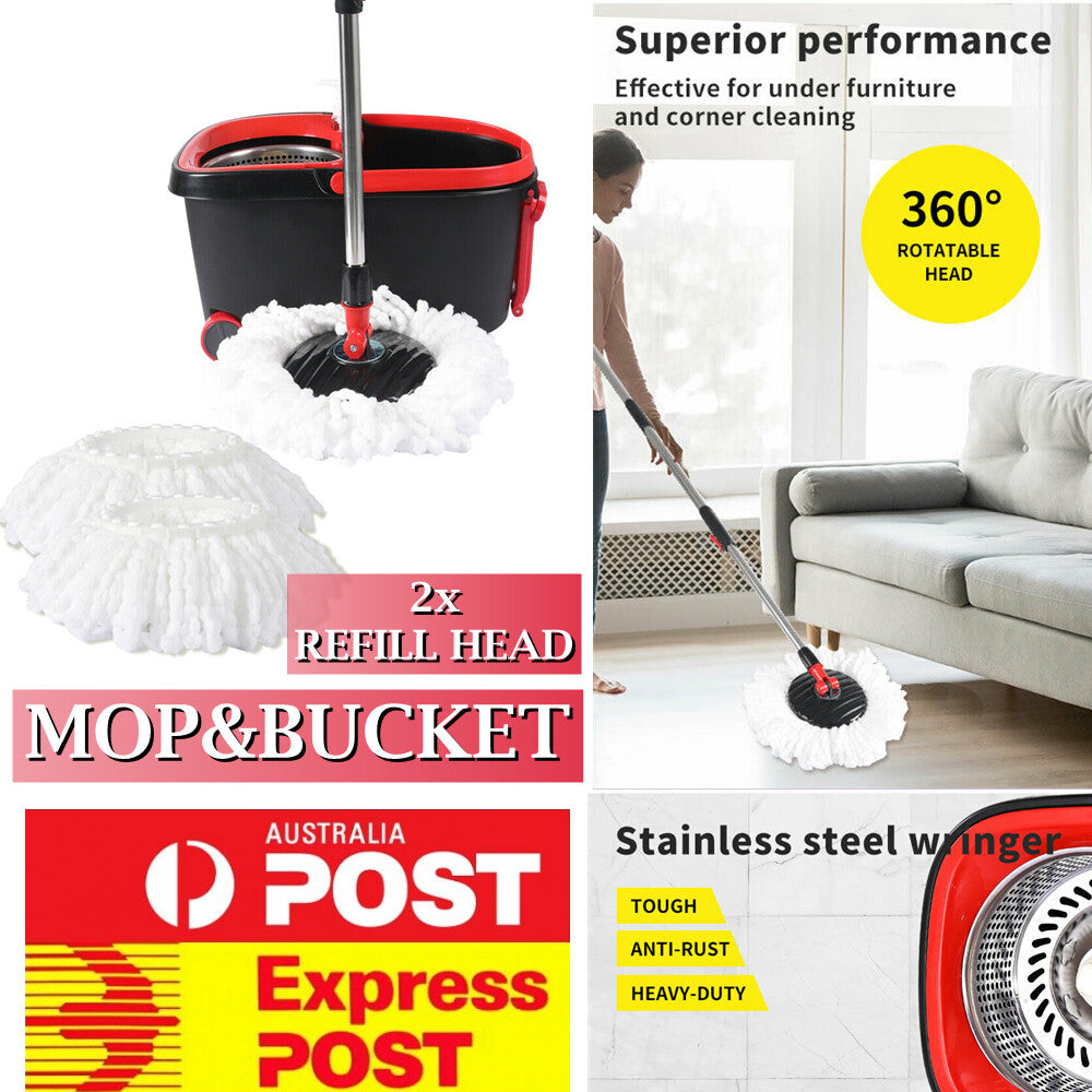 Cleanflo spin mop and bucket set with 2 microfibre heads