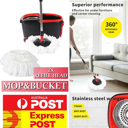 Cleanflo spin mop and bucket set with 2 microfibre heads
