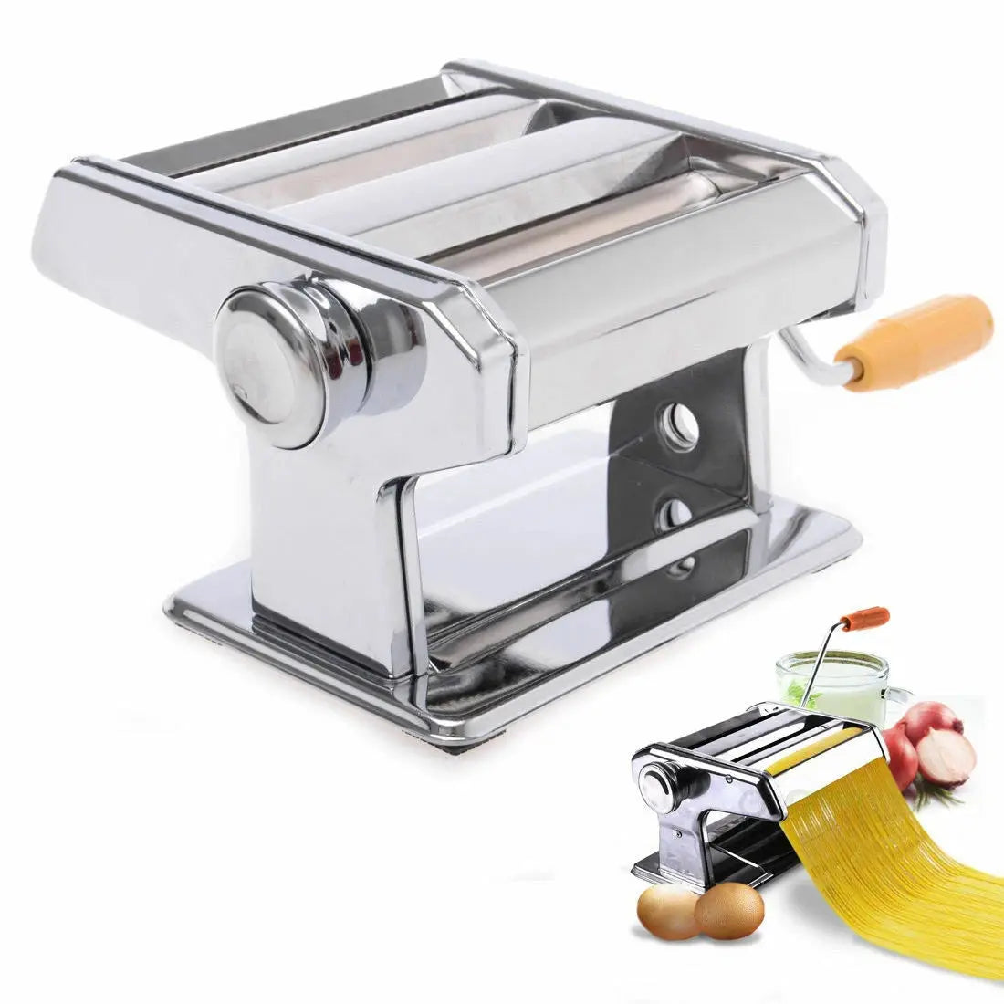 Pasta maker with a small amount of yellow pasta and ingredients on a white background