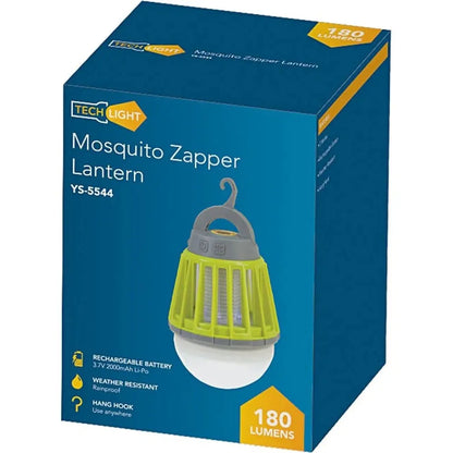 Box of TechLight Mosquito Zapper Lantern with green and gray design on a blue background