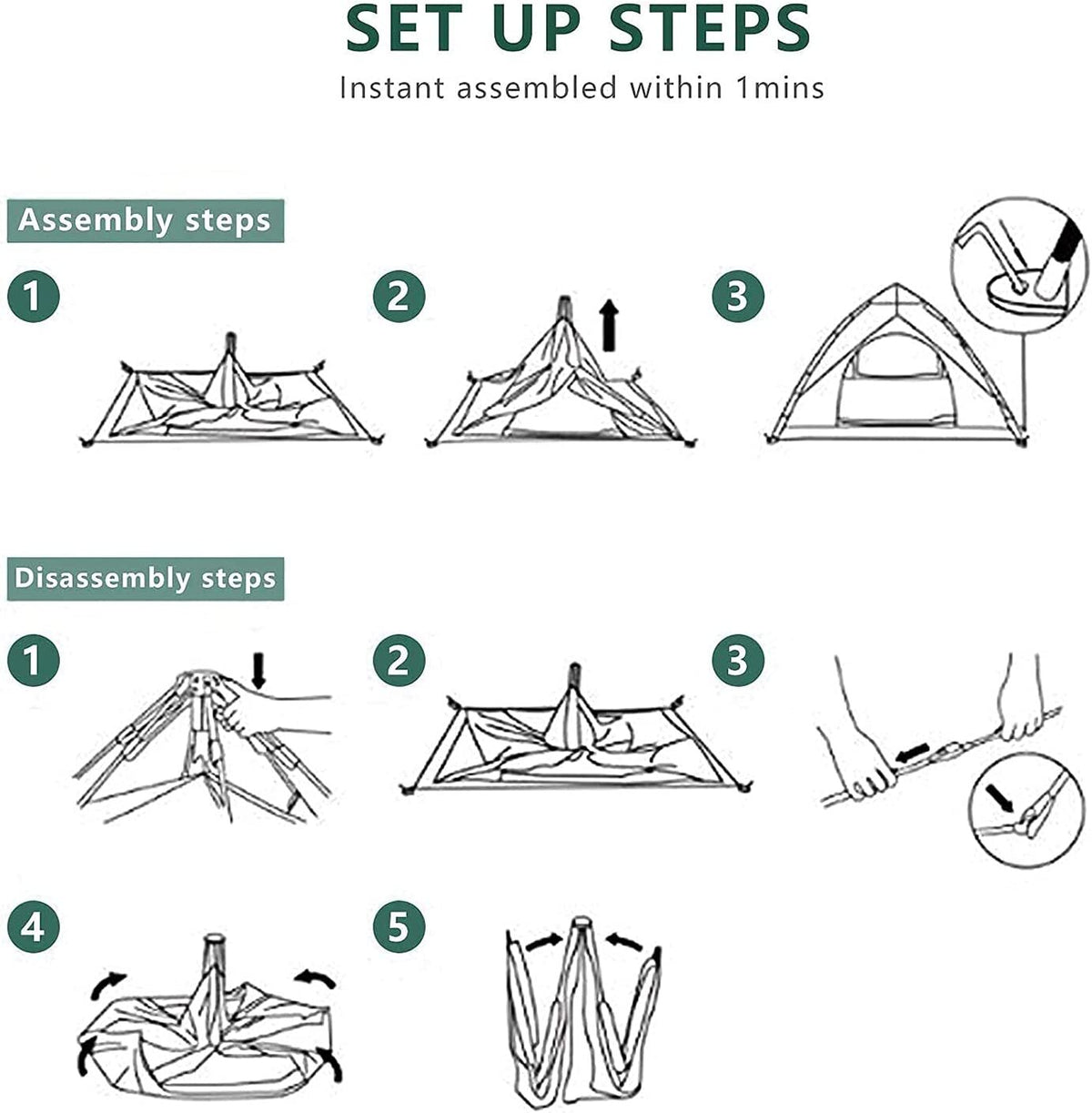 Pop up tent set up and fold down steps