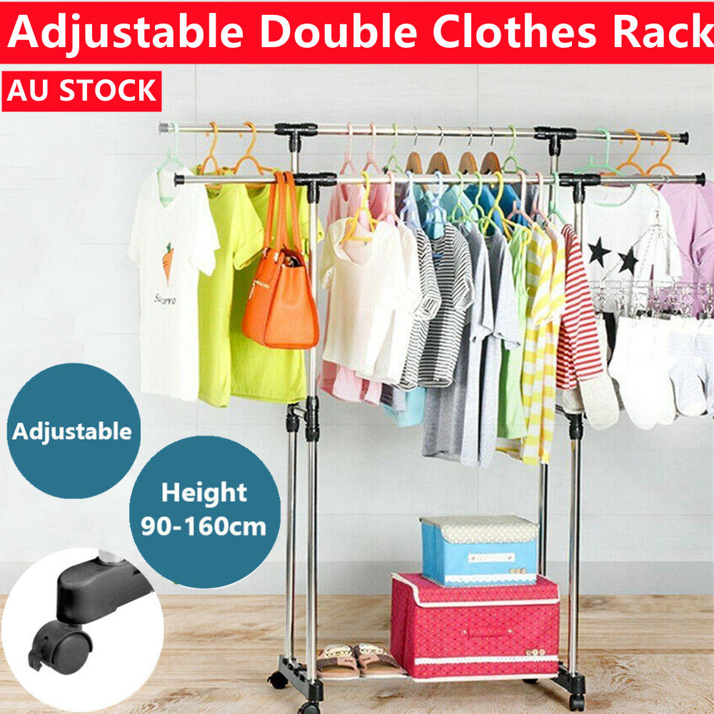 Adjustable double rail clothes rack on wheels