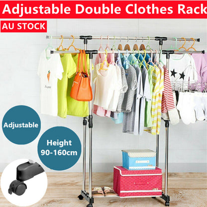 Adjustable double rail clothes rack on wheels