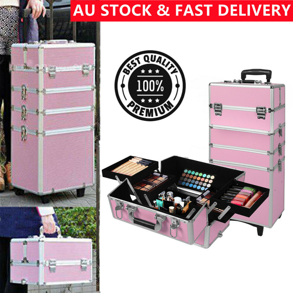 Pink aluminium makeup trolley case with wheels