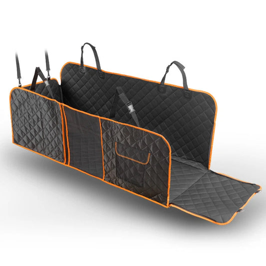 Black and orange car cargo liner with storage pockets on a white background