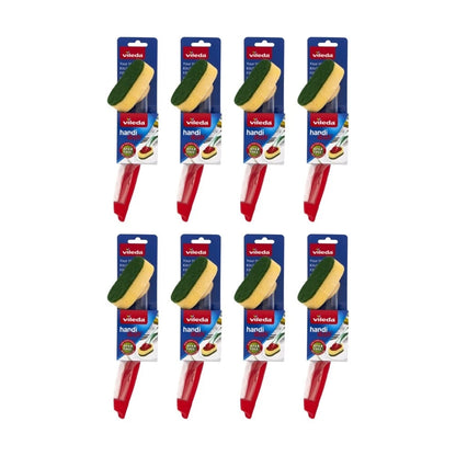Multiple packages of Vileda scrub brushes on a white background
