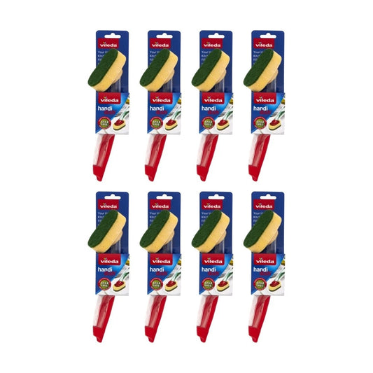 Multiple packages of Vileda scrub brushes on a white background