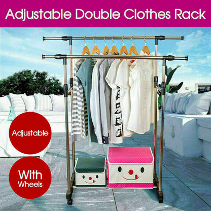 Double clothes rack with garments hanging