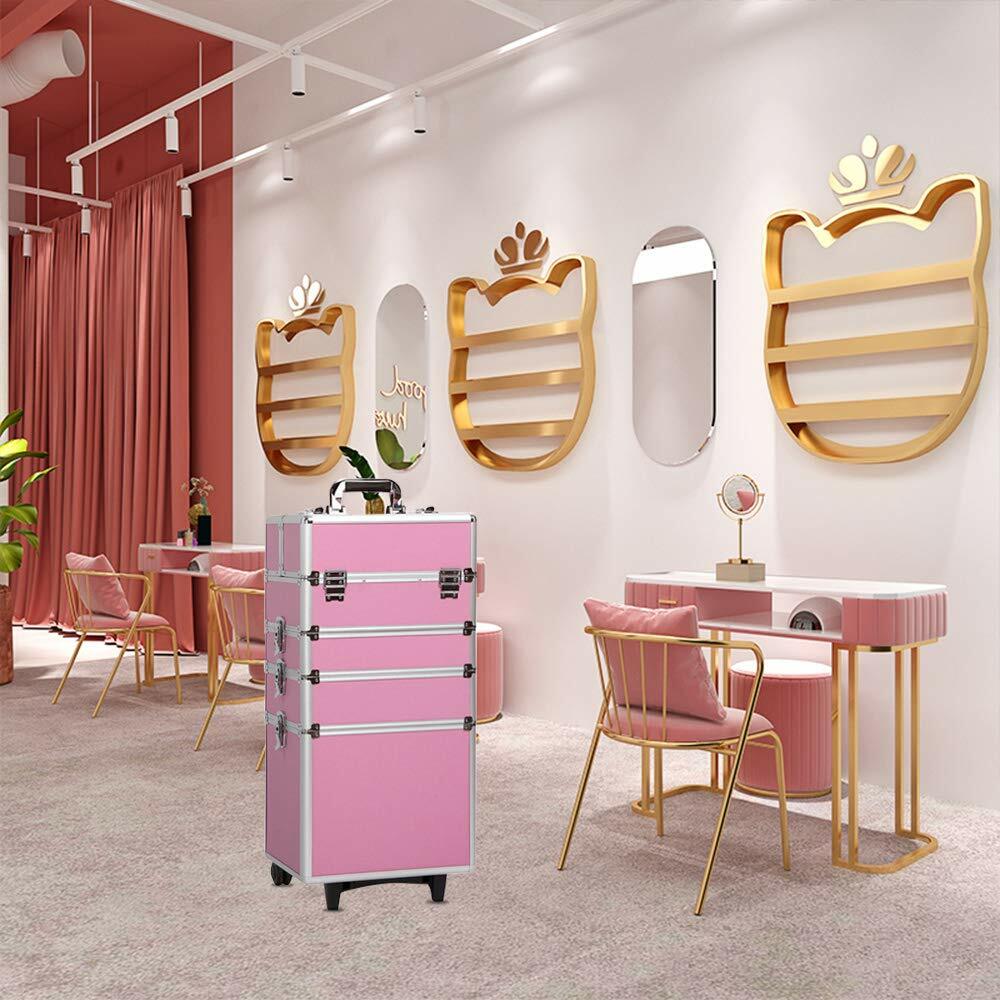 Makeup trolley case open with sliding trays