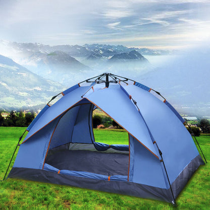 Blue pop up tent at a mountain campsite