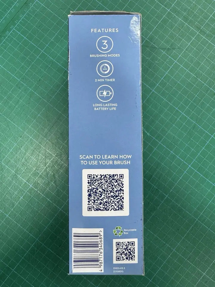 Blue box with QR code and text on a green grid background