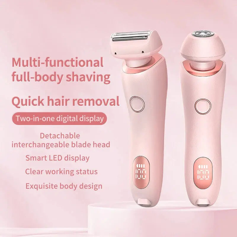 Two pink electronic shavers on a light pink background with text highlighting features.
