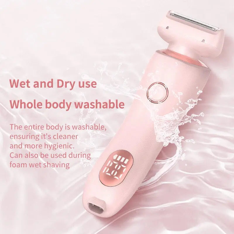 Pink electric shaver with water splashes on a light pink background, featuring text about its washability.