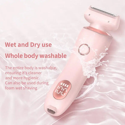 Pink electric shaver with water splashes on a light pink background, featuring text about its washability.