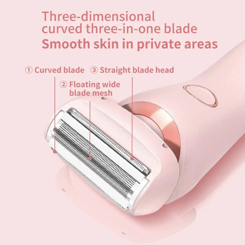 Three-dimensional curved three-in-one blade with text on a pink background