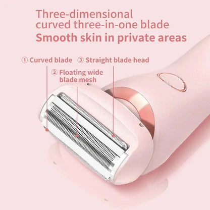 Three-dimensional curved three-in-one blade with text on a pink background